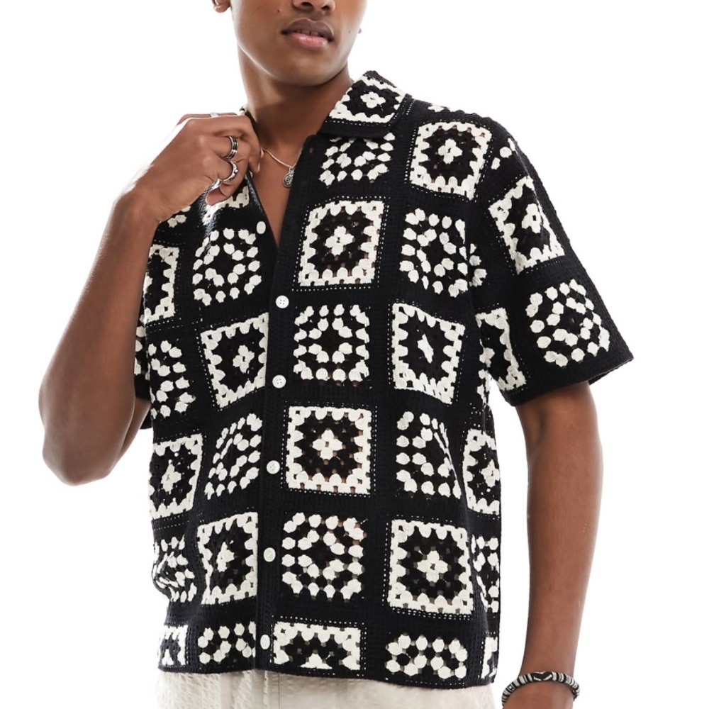 Abercrombie & Fitch Black and White Crochet Button-Up Polo